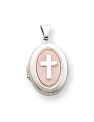 Sterling Silver Pink Mother of Pearl Cross 2-Frame Oval Locket