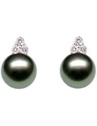 PremiumPearl 9-12mm AAA Quality Black Tahitian Pearl Earrings 14K Gold and Diamonds