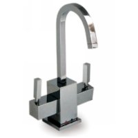 whitehaus forever hot q-haus contemporary square design instant hot and cold water dispenser with a gooseneck spout and a self closing hot water handle whsq-hc003-pc