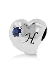 Sterling Silver Alphabet H Pandora Style Charm with 2 Pieces 3mm Dark Blue Natural Sapphire Gemstones on Both Sides , Fits Pandora and All Brands Charm Bracelets and Necklaces.