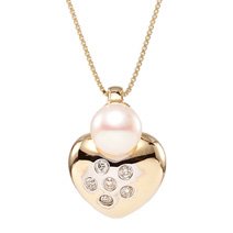 14k Heart Shape Pearl and Diamond Pendant with Chain