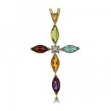 New 14k Yellow Gold Cross Pendant w Colorful Gemstones