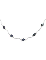 Sterling Silver 6-6.5mm Black Freshwater Cultured Pearl Necklace with Wavy Links