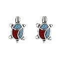 Southwestern Sterling Silver Turquoise and Coral Inlaid Turtle Stud Earrings, #TP123