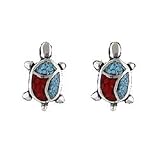 Southwestern Style Turtle Stud Earrings with Coral and Turquoise Inlay in Sterling Silver, #tp123