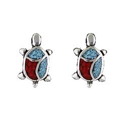 Turtle Stud Earrings with Coral and Turquoise Inlay, #tp123
