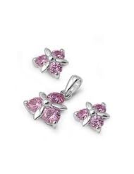 Sterling Silver Windmill Pendant with Earrings Jewelry Set with Round Pink CZ
