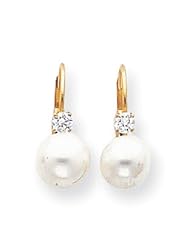 14k Yellow Gold 7mm Pearl G-H SI2 Diamond Leverback Earrings. Carat Wt- 0.17ct