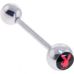 Playboy Bunny Black-Red Logo Inlay Barbell Tongue Ring