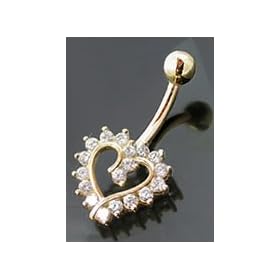 CZ STUDDED HOLLOW HEART 14k Yellow Gold Navel Belly Button Ring