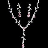 Wedding Bridal Pink Rhinestone Floral Silver-Tone Necklace and Earring Set