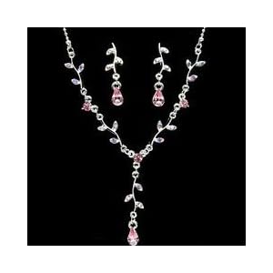Wedding Bridal Pink Rhinestone Floral Silver-Tone Neckla