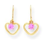 14k Created Pink Sapphire Heart Shaped Dangle Wire Earrings