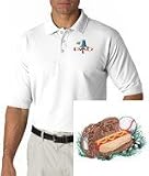 Men's polo shirt with embroidered image of: baseball glove & hotdog