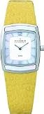 Steel en cuir affaire MOP incrustation Quartz montre SK855SSLY Skagen jaune f&eacute;minines