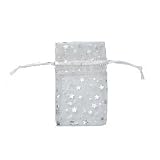 White Organza Silver Stars Drawstring Gift Bags 3x4 Inch (12 Bags)