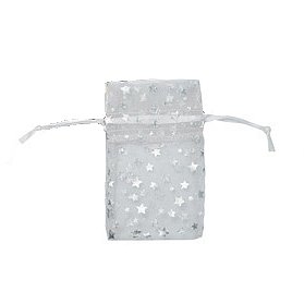 White Organza Silver Stars Drawstring Gift Bags 3x5 Inch (12 Bags)