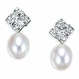 14k White Gold Drop Cultured Pearl and Diamond Earring