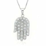 Sterling Silver Simulated Diamond CZ ~Hamsa~ Hand Pendant