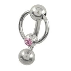Intimpiercing Titan Banane in 1,6 x 10 mm + 5 mm Lochkugel und Klemm-Ring mit Stein in rosa