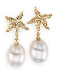 Jewelplus South Sea Cultured Pearl & Diamond Earrings 18K Yellow Pair 3/8Cttw/11.00Mm Fine Drop
