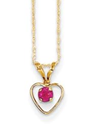 14k 3mm Ruby Heart Birthstone Pendant Child Chain - 15 Inch - Measures 10x6mm - JewelryWeb