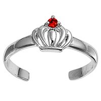 Sterling Silver Fashion Toe Ring - Crown with Ruby CZ - 2mm Band Width