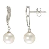 14k White Gold, Cultured Freshwater Pearl Diamond Dangle Earrings (7.00 mm)