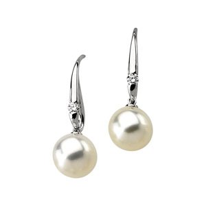 14k Wht Gold S. Sea Cult. Pearl Rough Diamond Earring 11.5mm 1/4ct - JewelryWeb