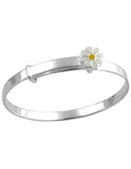 Kids Jewelry - Silver Adjustable Enameled Daisy Girls Bangle Bracelet