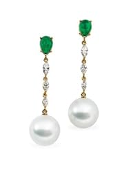 /3/4 CT TW/11.00MM Round 18K Yellow Gold South Sea Cultured Pearl & Genuine Cabochon Emerald & Diamond Earring
