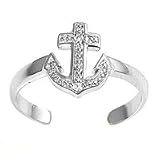 Sterling Silver Fashion Toe Ring - Anchor with Clear CZ - 2mm Band Width