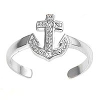 Sterling Silver Fashion Toe Ring - Anchor with Clear CZ - 2mm Band Width