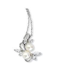 Cheryl M. Sterling Silver CZ & White Cultured Pearl 18in Leaves Necklace