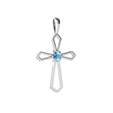 14K White Gold Round Genuine Blue Topaz Cross Pendant