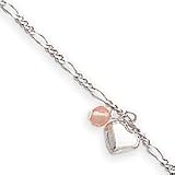 Sterling Silver Cherry Quartz & Dangling Hearts on Figaro Link Anklet