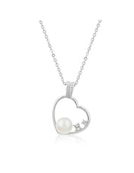 Alexander James White Gold Rhodium Bonded Pearl Cubic Zirconia Heart Pendant with Clear Cubic Zirconia Accents in Silvertone Chain Included
