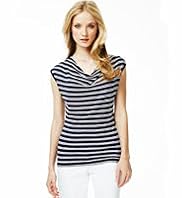 Autograph Cowl Neck Double Striped Drape Top with Linen