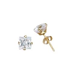 Gold Plated Stud Earrings with Clear CZ - Square Stamping - Sterling Silver - 6 mm