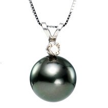 14k White Gold Black Tahitian Pearl and Diamond Pendant by Orkyd Pearls