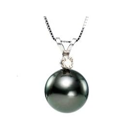 14k White Gold Black Tahitian Pearl and Diamond Pendant by  