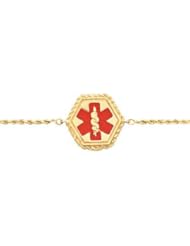 Medical ID Bracelet with Red Enamel 14K Yellow 7 Inch Rope Ch75