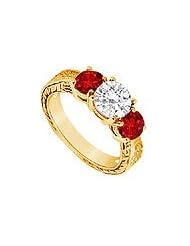 Three Stone Ruby and Diamond Ring : 14K Yellow Gold - 1.25 CT TGW