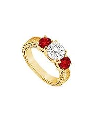 Three Stone Ruby and Diamond Ring : 14K Yellow Gold - 1.25 CT TGW