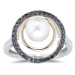 0.33 Cts Black Diamond & Pearl Ring in 14K Two Tone Gold