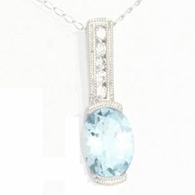 14K White Gold Aquamarine and Diamond Pendant w  18 14K White Gold Chain by 