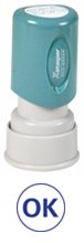 Pre-Inked "OK" Specialty Stamp, Blue, 5/8" Diameter Impression Size