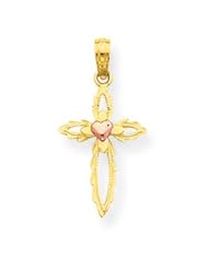 14k Two Tone Gold Cut Out Cross Pink Heart Pendant