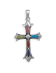 Genuine Elegante (TM) .925 Sterling Silver Pendant. Marquise Multicolor Stone Cross Pendant. 100% Satisfaction Guaranteed.