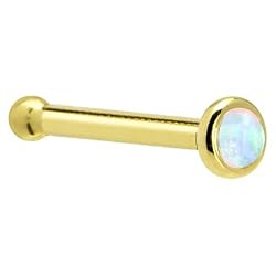 Solid 14KT Yellow Gold 2mm Synthetic Opal Nose Bone - 18 Gauge